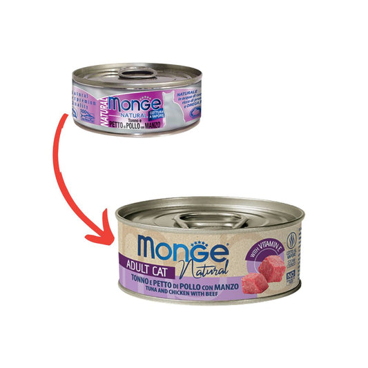 Monge Natural Tonno e Petto di Pollo con Manzo Lattina 80g Gatti Adulti