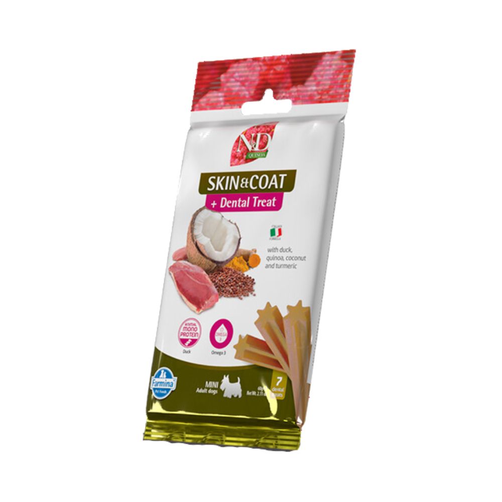 Farmina Snack Cani N&D Quinoa Skin&Coat e Dental Treat Anatra 60g Mini Adult Scadenza Prodotto 03/12/2025