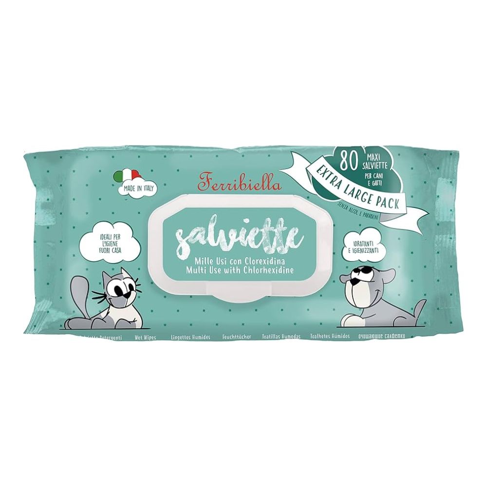 Ferribiella Salviette Milleusi Igienizzanti con clorexidina 80pz per Cani e Gatti