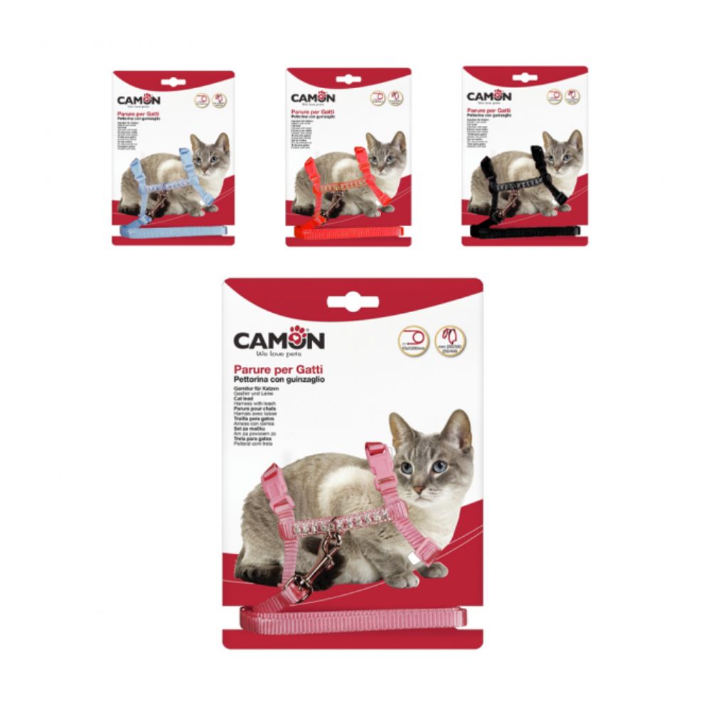 Camon Parure Pettorina e Guinzaglio per Gatti Rosso, Azzurro, Rosa o Nero