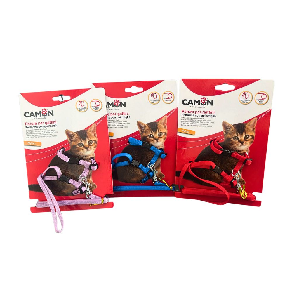 Camon Parure Pettorina e Guinzaglio per Gattini Rosso, Blu o Lilla