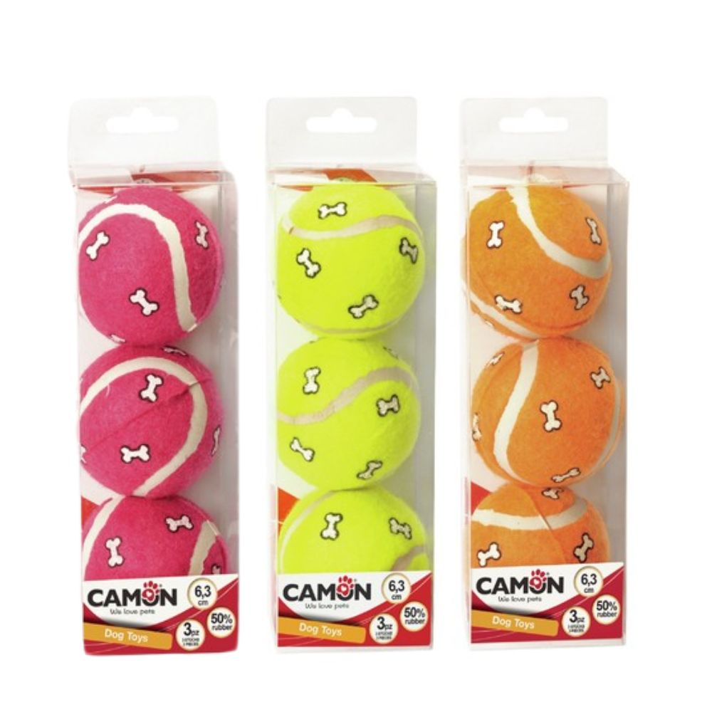 Camon Palla tennis con fantasia Ossi Ø 6,3cm Box 3pezzi Colori Assortiti Gioco per Cani