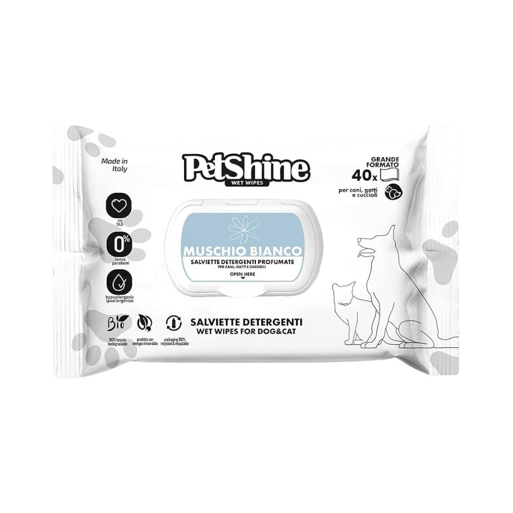 PetShine Salviette Detergenti Muschio Bianco per Cani e Gatti 40pz