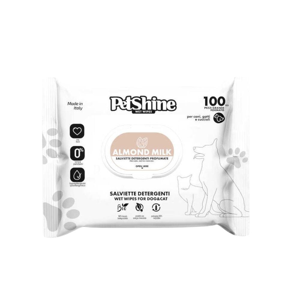 PetShine Salviette Detergenti Latte di Mandorla per Cani e Gatti 100pz