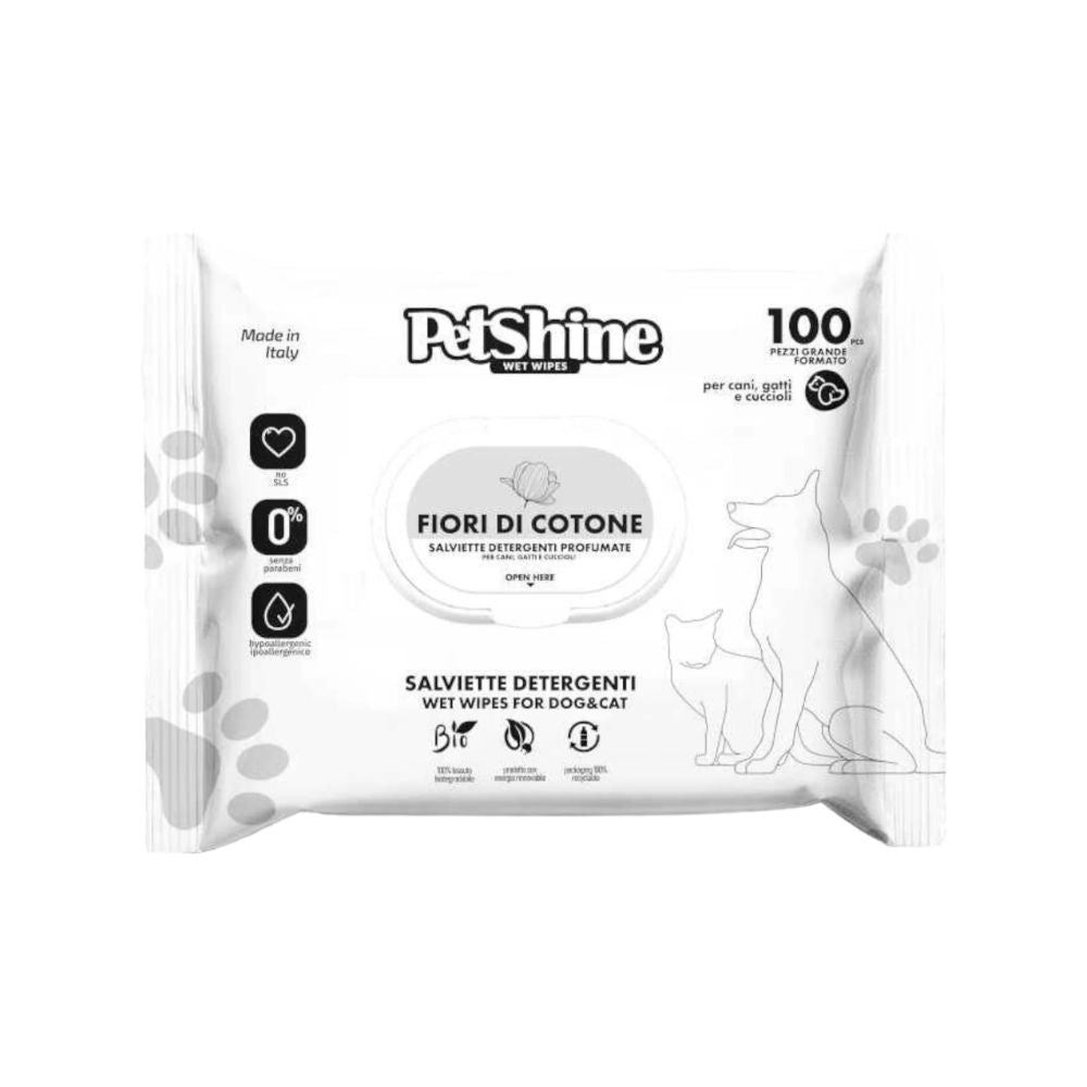 PetShine Salviette Detergenti Fiori di Cotone per Cani e Gatti 100pz