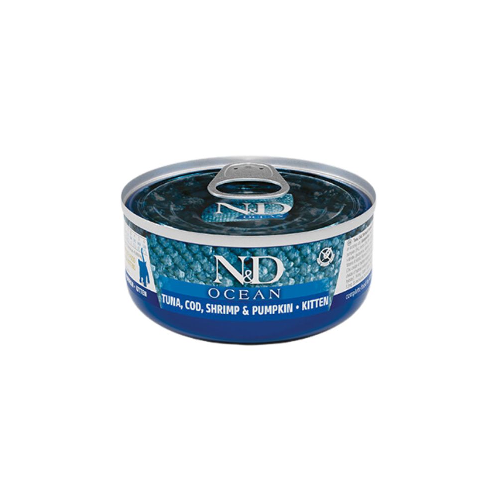 Farmina N&D Ocean Kitten Tonno Merluzzo Gamberetto e Zucca 70g Lattina Gattini