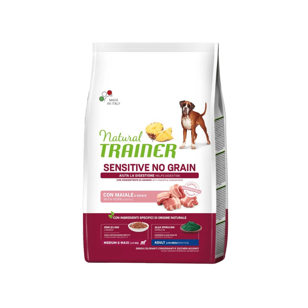 Trainer Sensitive Maiale No Grain 12kg Crocchette Cani medium Maxi Adult
