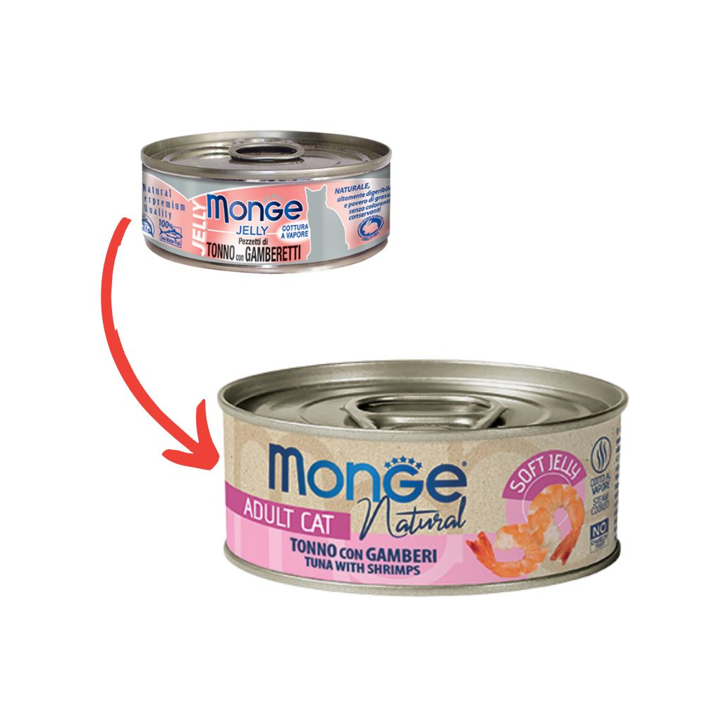 Monge Jelly Pezzetti di Tonno del Pacifico e Gamberetti Lattina 80g Gatti Adulti