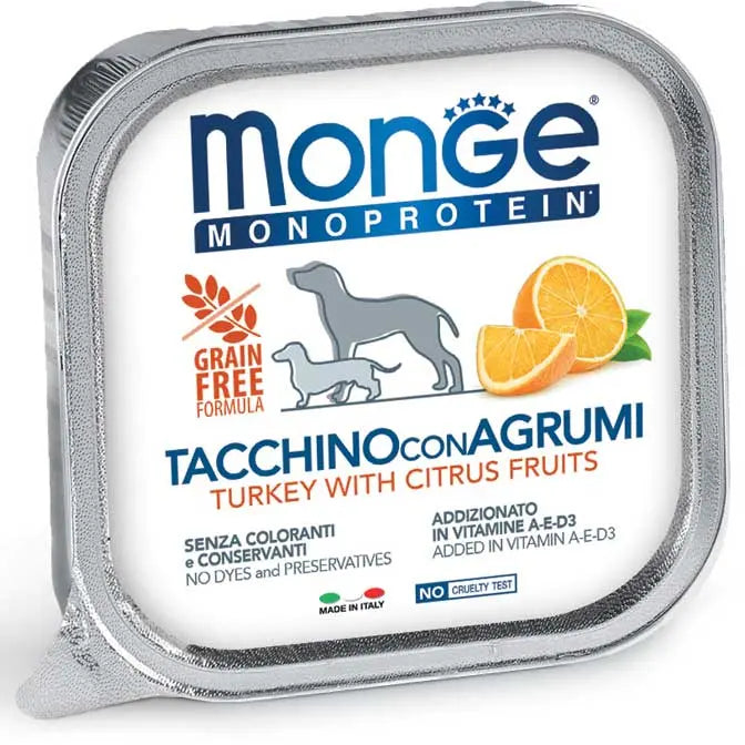 Monge Monoprotein Patè Tacchino Con Agrumi Vaschette Da 150g Cani Adulti Monge