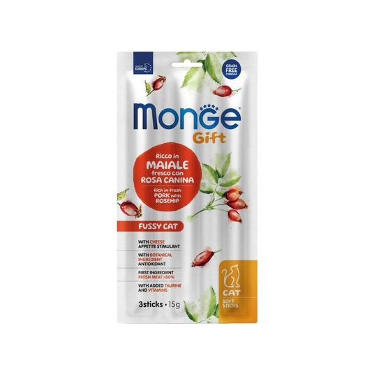 Monge Gift Sticks Fussy Cat Maiale e Rosa Canina 15g Snack Gatti Monge