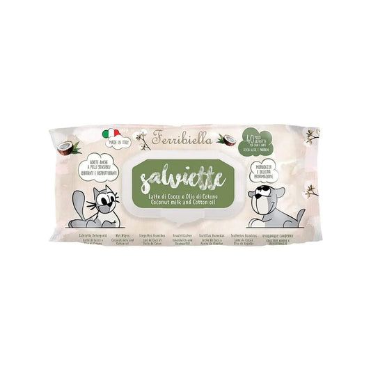 Ferribiella Salviette Latte di Cocco e Olio di Cotone 40pz per Cani e Gatti - Animaliapet