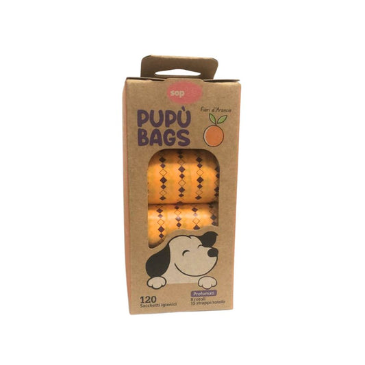 Pupù Bags Box Sacchetti Igienici al Profumo di Fiori d'Arancio 8 Rotoli per Cani