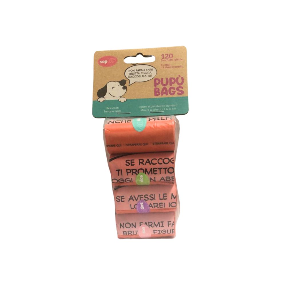 Pupù Bags Sacchetti Igienici Motivazionali Arancio 8 Rotoli per Cani