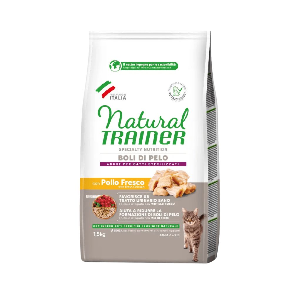 Natural Trainer Specialty Nutrition Boli di Pelo con Pollo Fresco 1,5Kg Crocchette Gatti Adulti