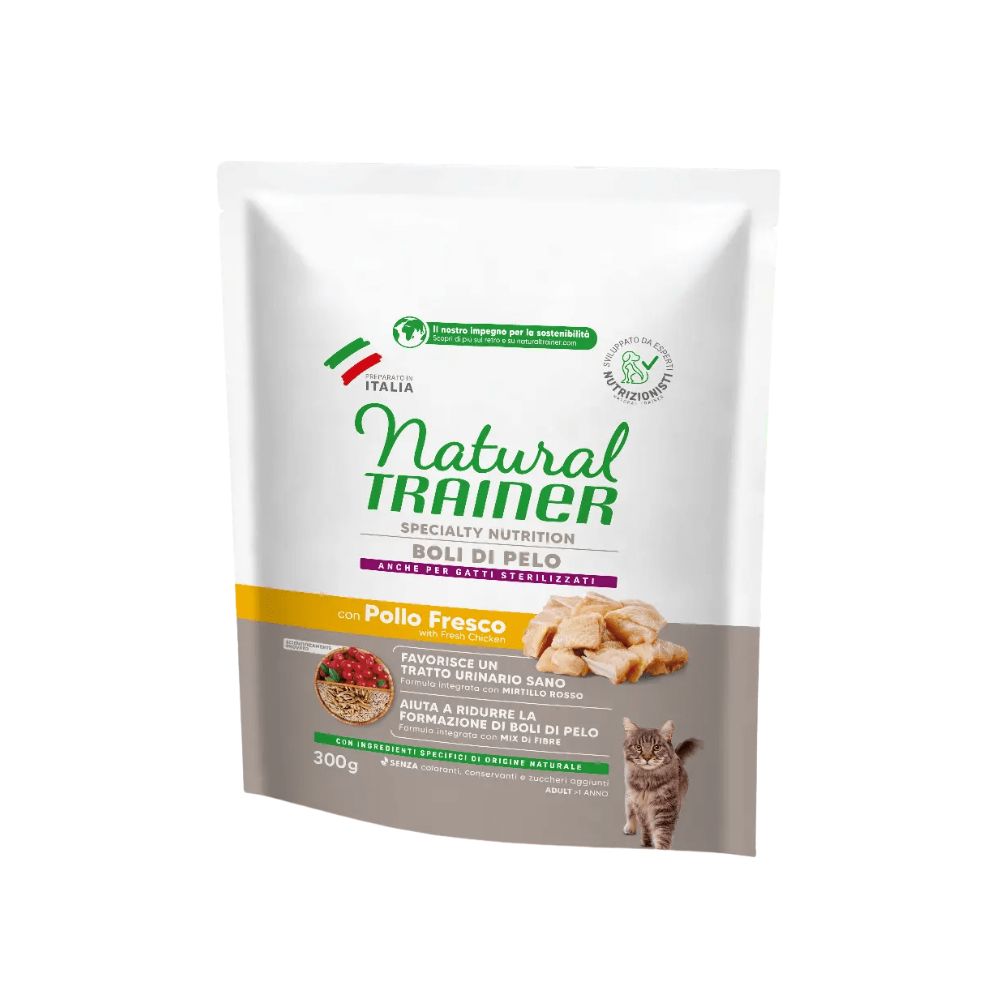 Natural Trainer Specialty Nutrition Boli di Pelo con Pollo Fresco 300g Crocchette Gatti Adulti