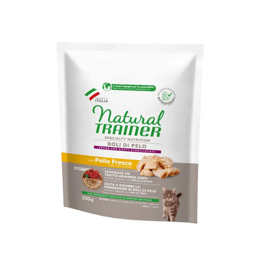 Natural Trainer Specialty Nutrition Boli di Pelo con Pollo Fresco 300g Crocchette Gatti Adulti