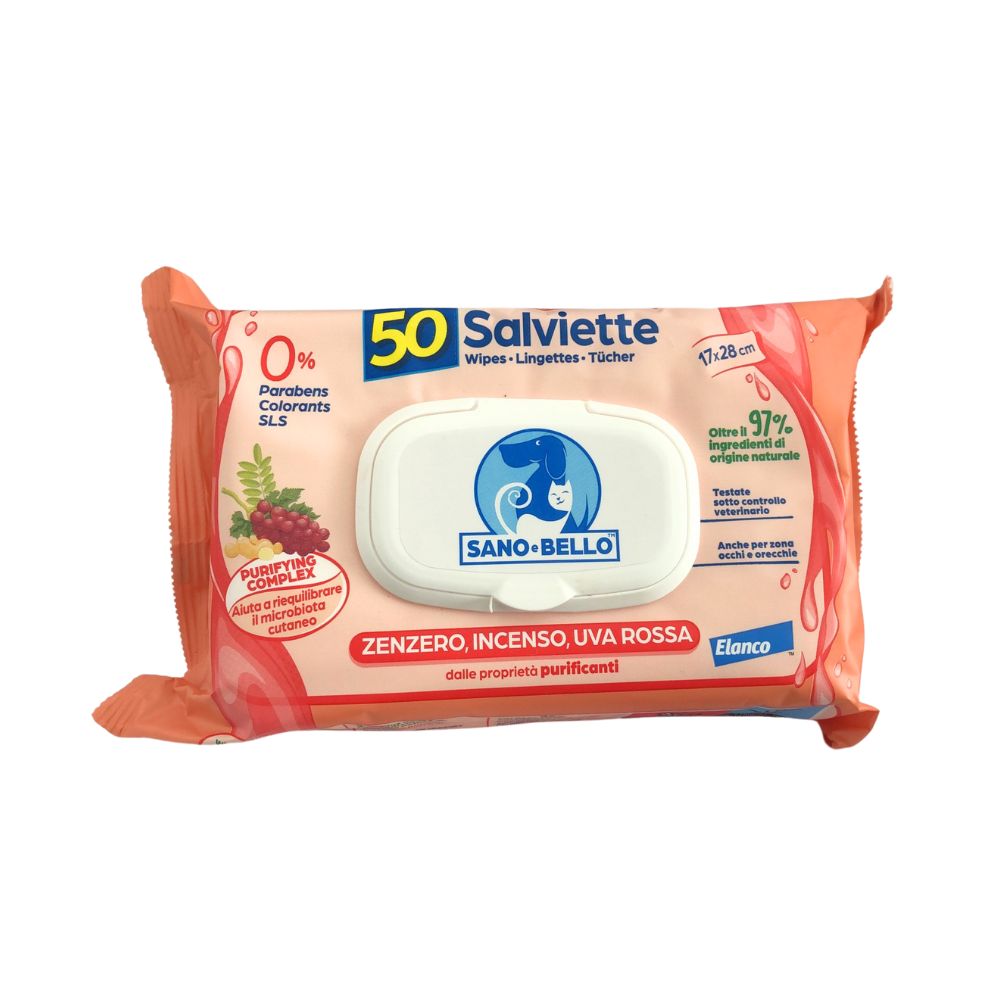 Elanco Sano e Bello Salviette Zenzero Incenso e Uva Rossa 50pz per Cani e Gatti