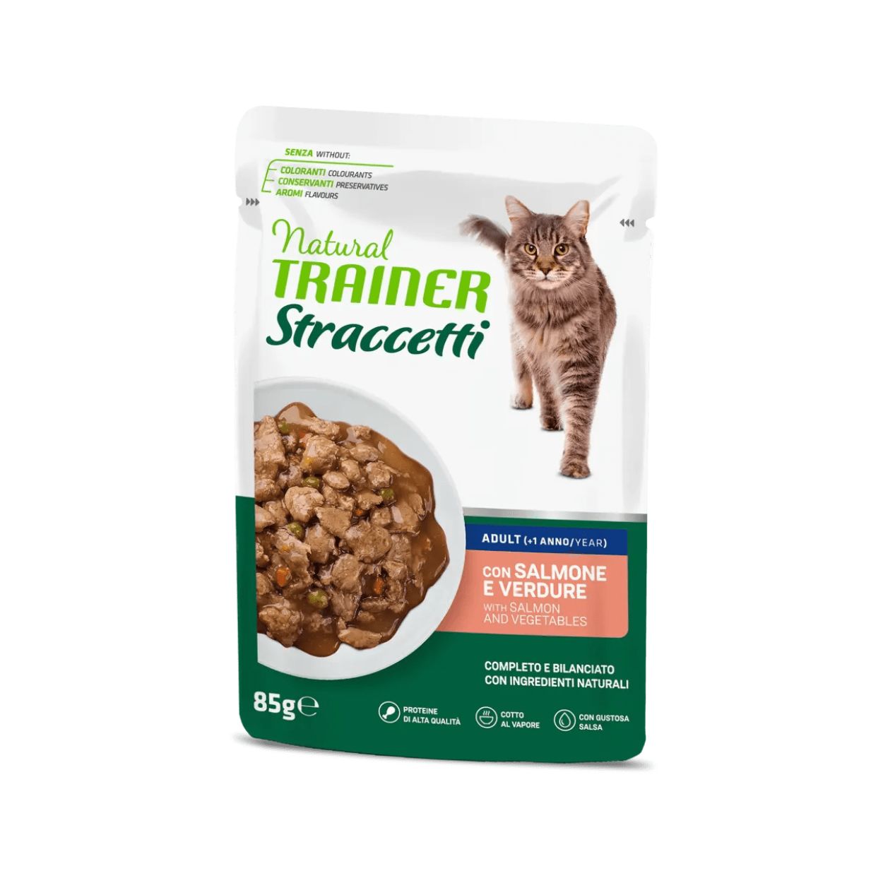 Trainer Natural Straccetti Salmone e Verdure 85g Bustina Gatti Adulti