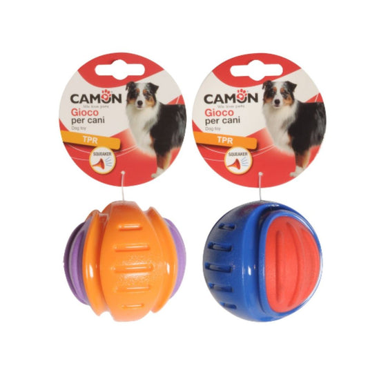Camon Palla Bicolore in TPR con squeaker Arancio o Blu 7,6cm Giochi per Cani